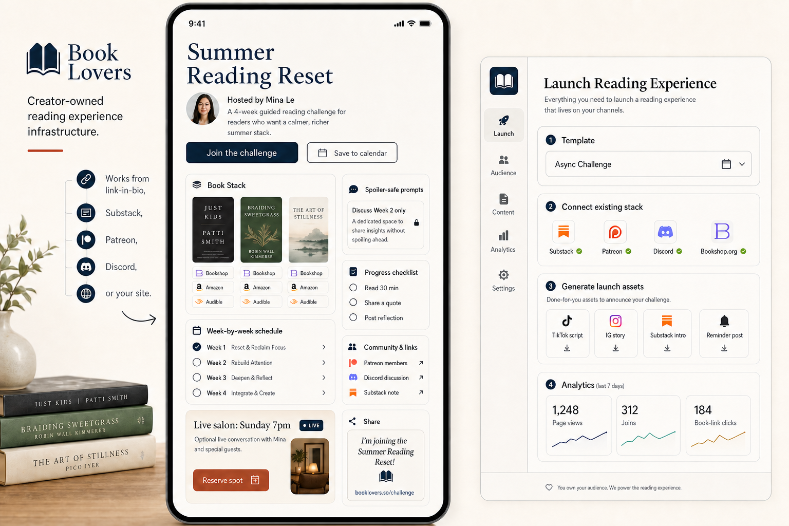 Book Lovers follower-facing Summer Reading Reset page with creator setup panel